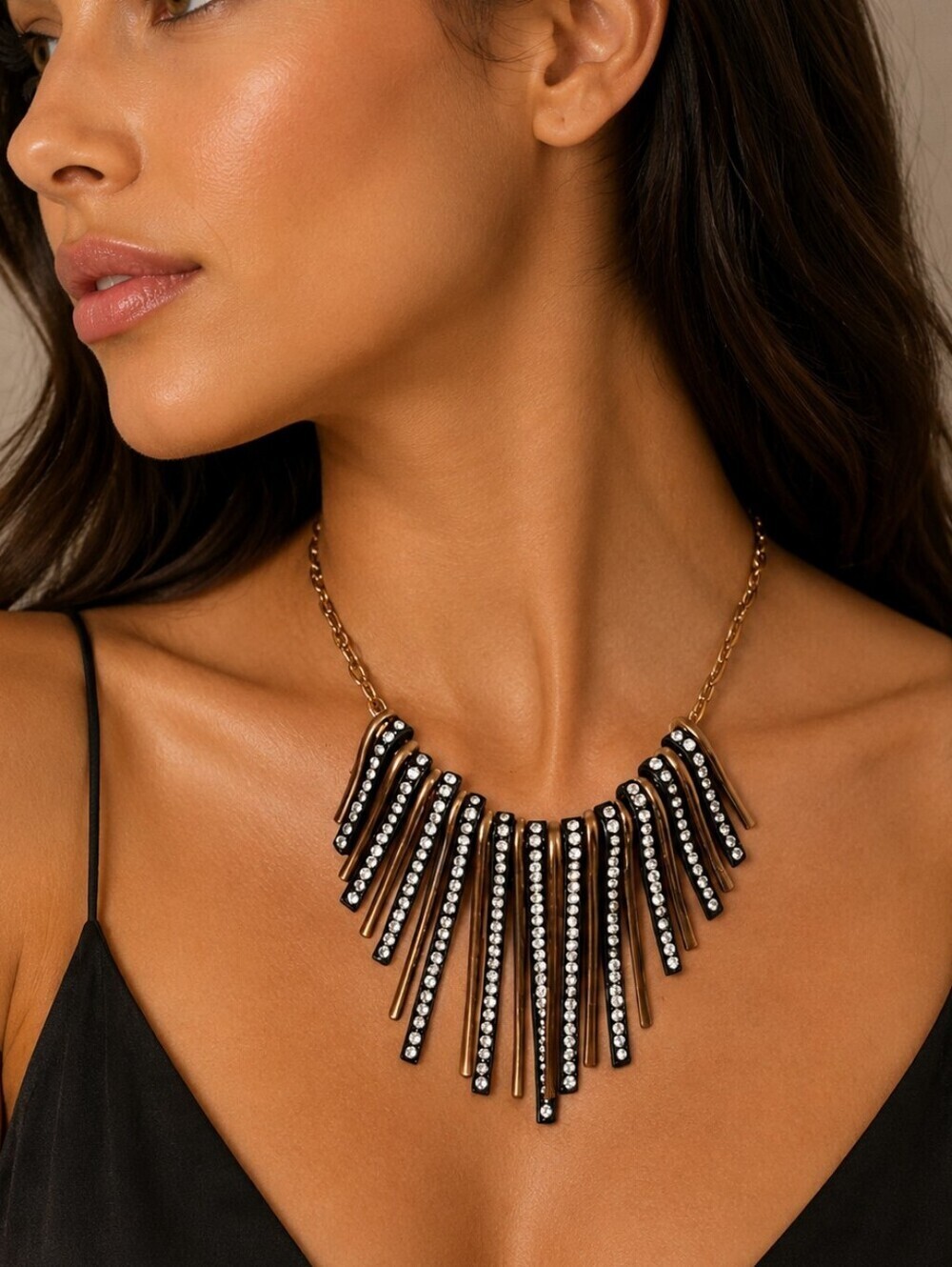 Vintage Two-tone Rhinestone Spike Bib Festival Necklace